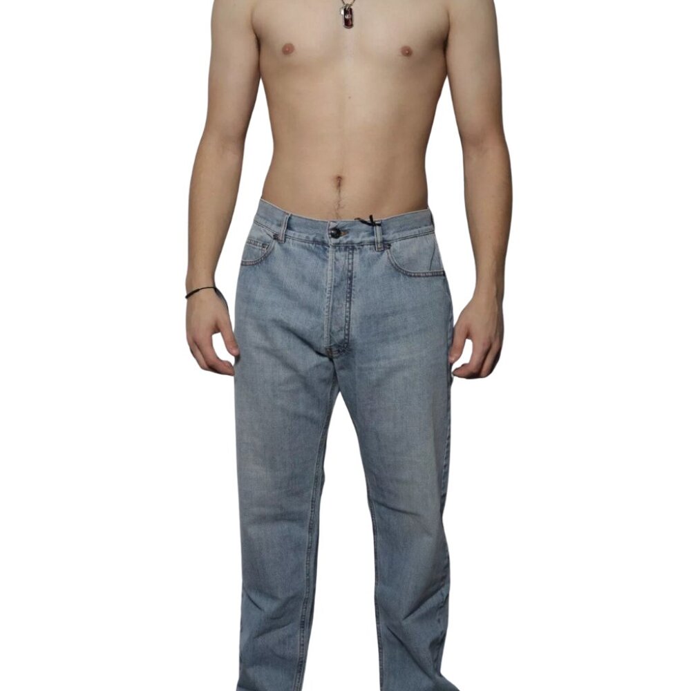 Versace Men's Light Blue Denim Jeans Medusa Pebbled Leather 2017 Sz 44 Finn Fit
